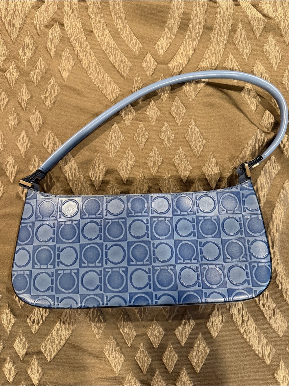 Ferragamo Slate Blue Gancini Monogram Leather East West Baguette Purse Y2K